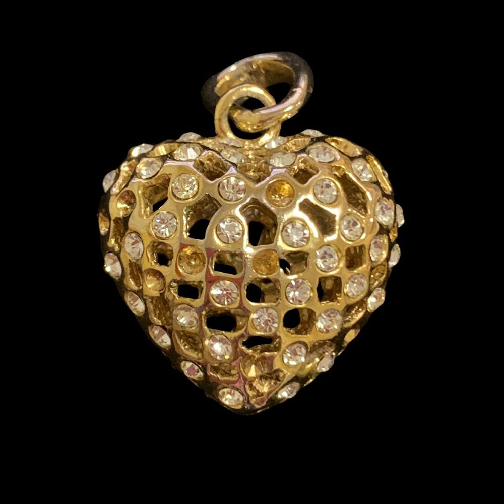 3-D - Sparkling Bling Rhinestone Heart Pendant - Gold Tone - Picture 5 of 9